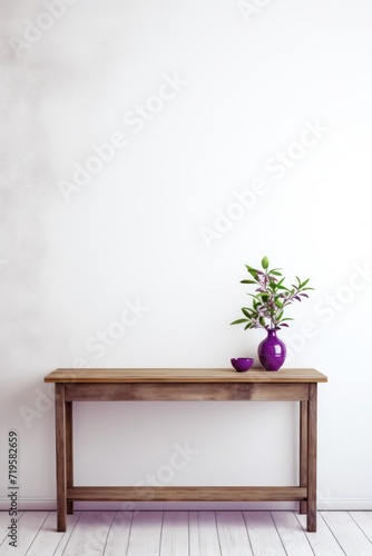 Empty wooden plum table over white wall background
