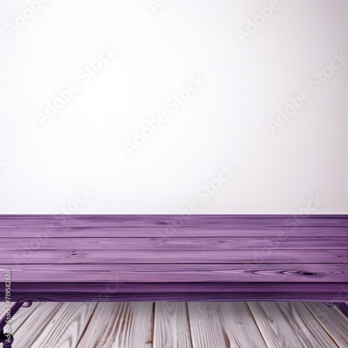 Empty wooden purple table over white wall background