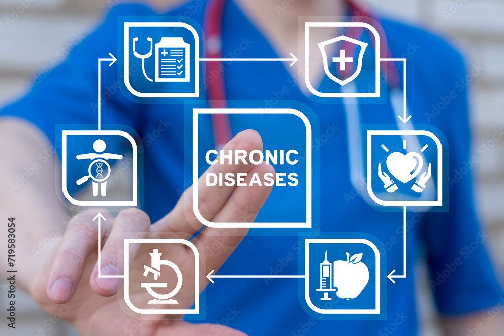 Doctor using virtual touch screen presses inscription: CHRONIC DISEASES. Chronic disease management medical concept. Health care innovation chronic Illness treatment.