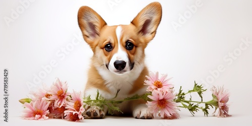 Romantic dog with a delicate flowers. Welsh Corgi Dog with flowers isolated on white background. Close up.