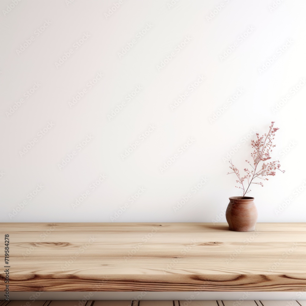 Empty wooden sky table over white wall background