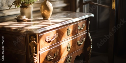 Antique furniture with marble top drawer, wooden adornments, and sunlight. photo