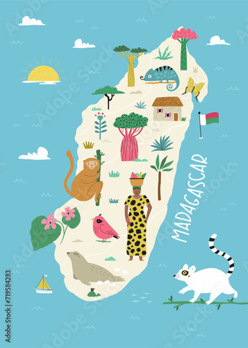 Vector stylized illustrated map of Madagascar island with famous landmarks, places and symbols