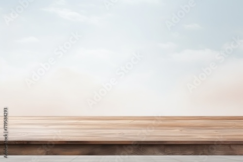 Empty wooden sky table over white wall background