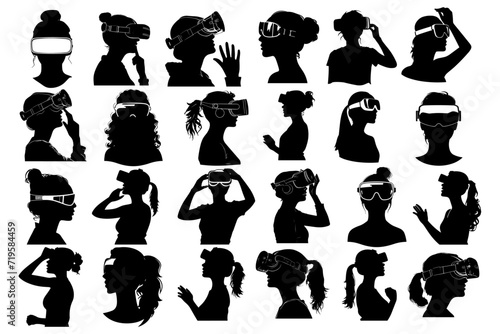 Different Women Wearing Augmented Glasses Black Silhouettes Set Vector Collection. Women Embracing Augmented Reality. Innovation And Technology