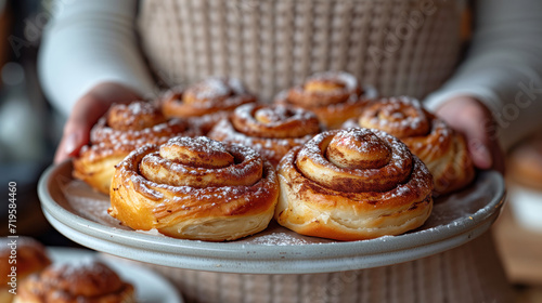 Freshly baked cinnamon buns on a plate held by a woman