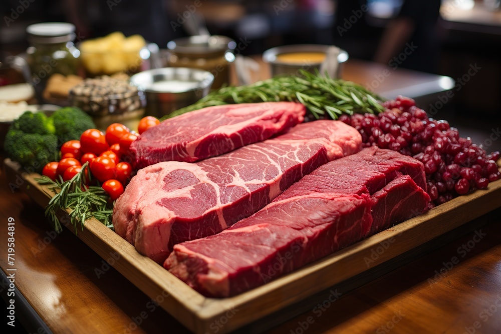 Selection of fresh raw red meat in supermarket, Different cuts of prime