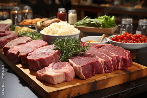Selection of fresh raw red meat in supermarket, Different cuts of prime meat steaks, angus, T-bone, ribeye, striploin, tomahawk on display in a grocery store meat counter