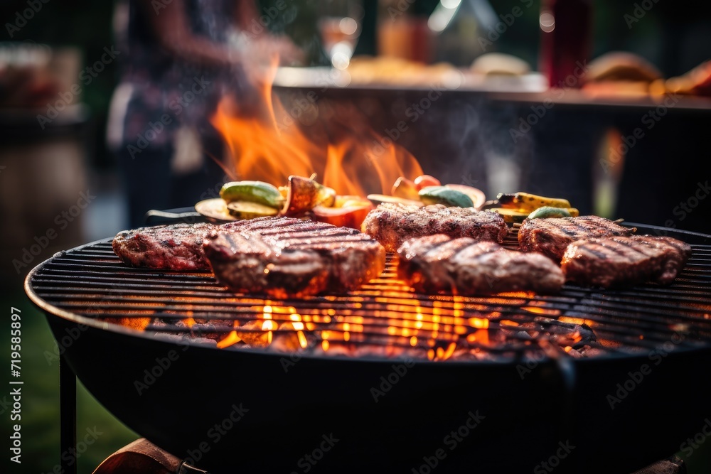 Meat and vegetables being grilled on a barbecue in a garden at a backyard party