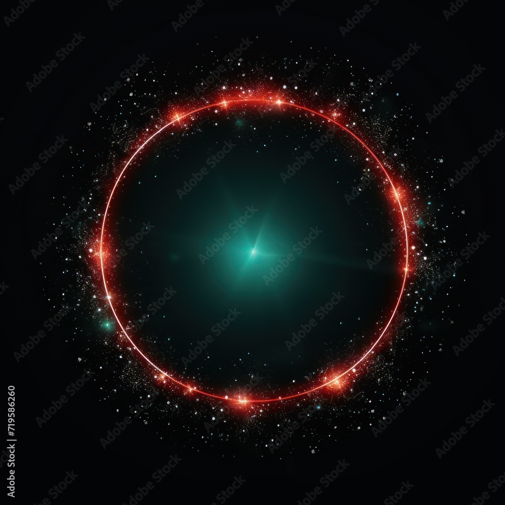 Garnet glitter circle of light shine sparkles and mint spark particles in circle frame