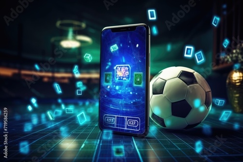 Online concept of virtual sports betting on soccer using smartphone, currency and ball photo
