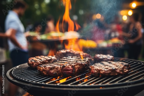 Meat being grilled on a barbecue during a backyard party