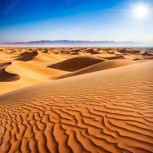 View of landscape Sahara desert - sandy dunes with stones rocks at blue sky. Photo of scenery desert hills with sand at sunny summer day. Sahara, Tozeur city, Tunisia, Africa. Copy ad text space