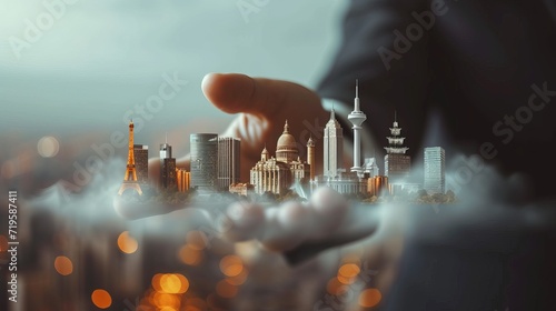 Businessman on blurred background touching a cloud full of famous monuments with his finger 3D rendering photo