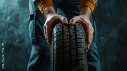 Car tire service and mechanic's hands holding new tire on black background, also holding hand with heart shape and copy space for text. Valentine's day concept