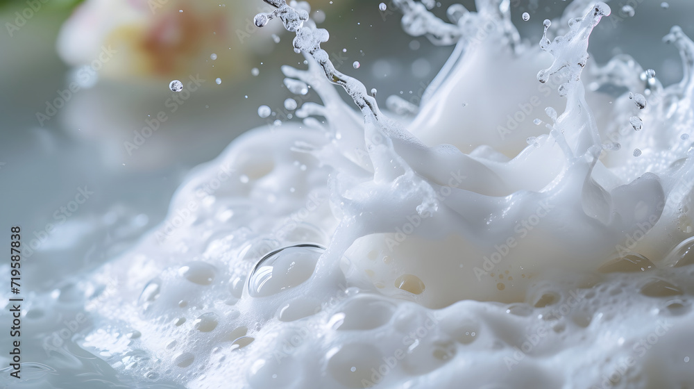 Milk Splash Macro with Droplets on White Background Milk Splash Macro with Droplets on White Background