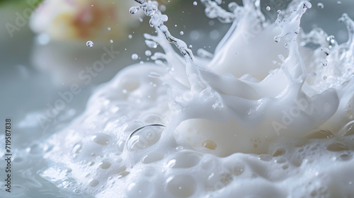 Milk Splash Macro with Droplets on White Background