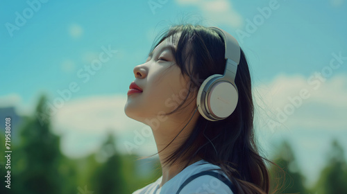 Relaxed Asian Woman Enjoying Music with Headphones Outdoors