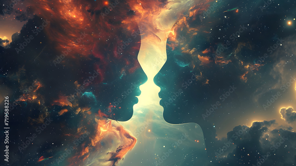 Cosmic Silhouette of Faces Merging with Starry Space Background Cosmic Silhouette of Faces Merging with Starry Space Background