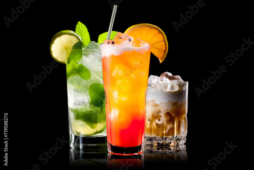 Set and collection of classic alcohol cocktails or mocktail isolated on white background with fresh summer fruits