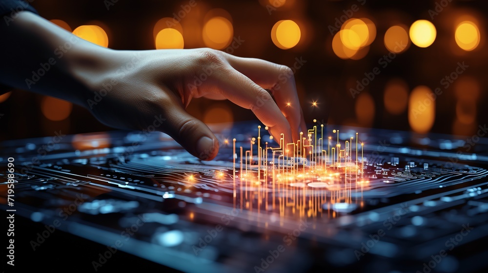 Virtual blockchain network with data fields floating, hand touching on big data network, Ai augmented reality future, global network connections Virtual blockchain network with data fields floating, hand touching on big data network, Ai augmented reality future, global network connections