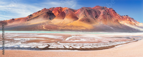 Panorama of the salt flats from the lookout point Mirador Pacana Caldera in Atacama desert in Chile