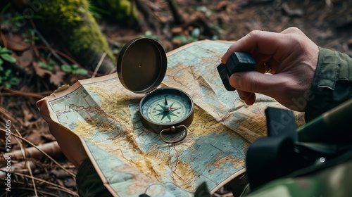 Handling a military compass and map. Survival, outdoors and military theme