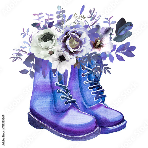 Watercolor hand painted shoes with purple flower bouquets. Free spirit concept. Fantasy themed illustration. photo