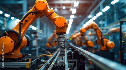 Mechanized industry robot and robotic arms for assembly in factory production . Concept of artificial intelligence for industrial revolution and automation manufacturing process . photo