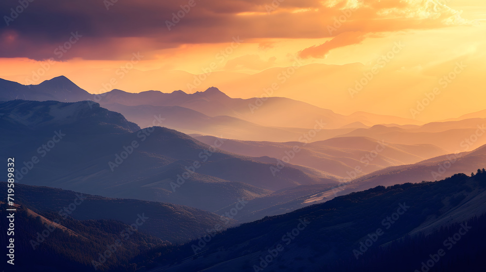 Sunset Glow Over Misty Mountain Ranges Landscape