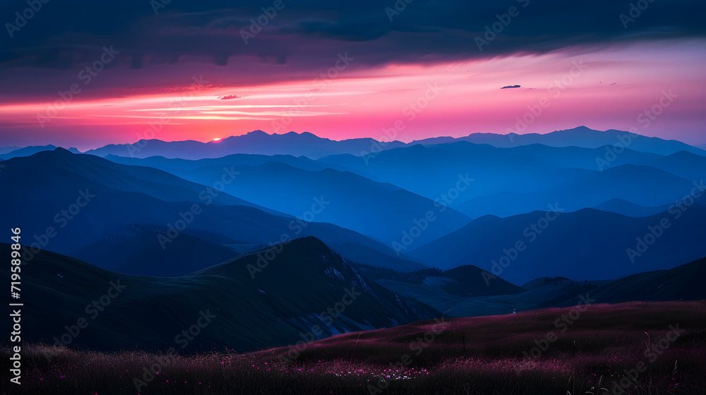 Majestic Sunset Over Mountain Ridges with Vibrant Skies