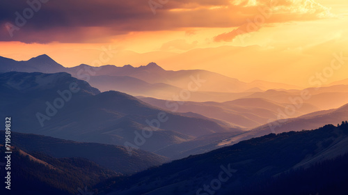 Sunset Glow Over Misty Mountain Ranges Landscape