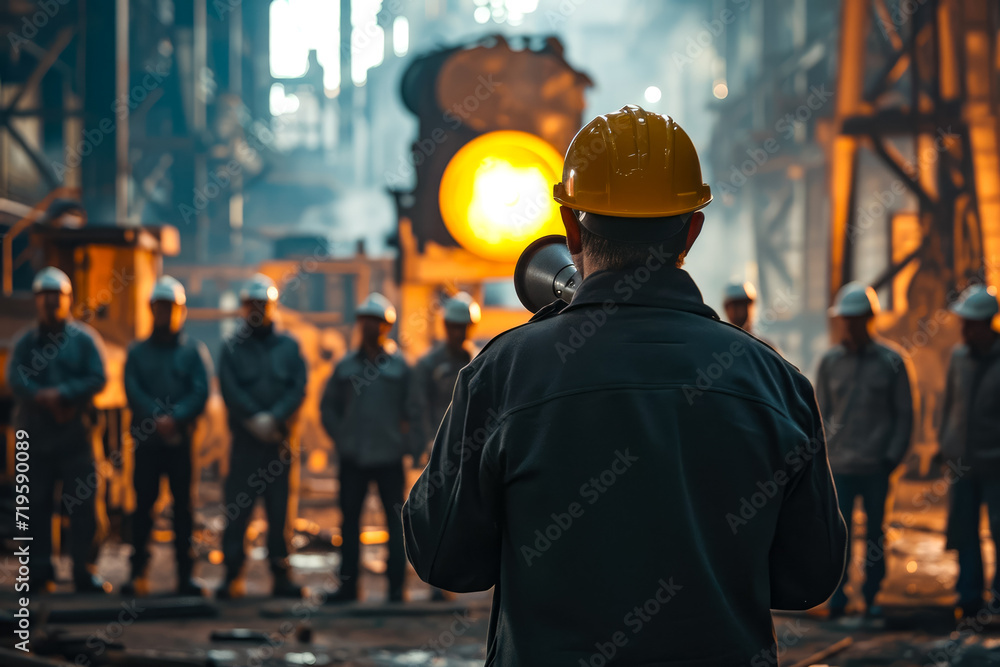 director of production standing in front of a group of workers with a megaphone director of production standing in front of a group of workers with a megaphone