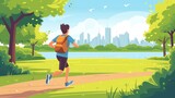 illustration of boy is running with backpack on the back in the park on summer day,
