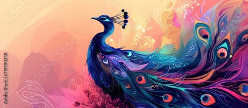Colorful painting of vibrant majestic peacock bird with beautiful feathers color. Generated AI image © artpray