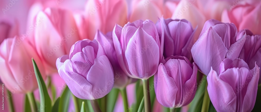 Beautiful close up bouquet of lilac tulips close up banner background for women's holidays with copy space.