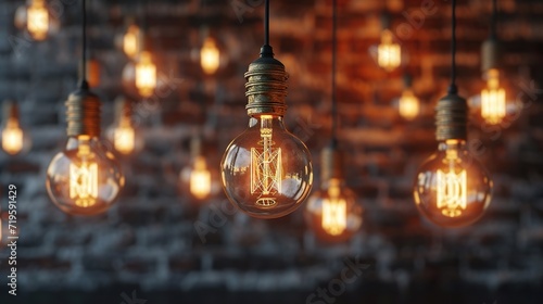 Old vintage light bulbs against a brick wall. Generated AI
