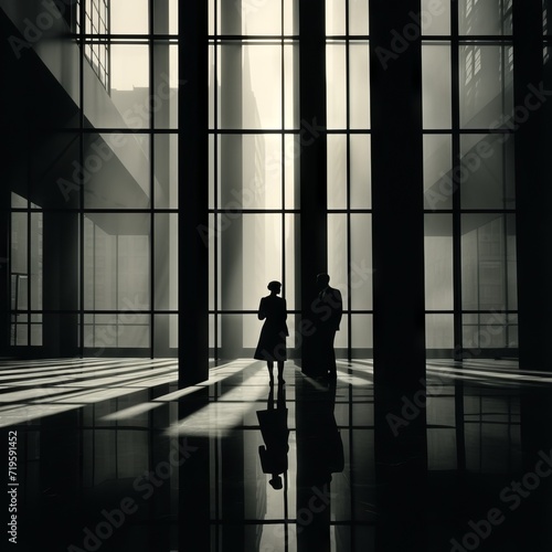 Black and white photorealist photograph of a man and a woman in a cavernous, dark ultramodern apartment building lobby, film noir vibe. From the series “Art Film - Black and White,