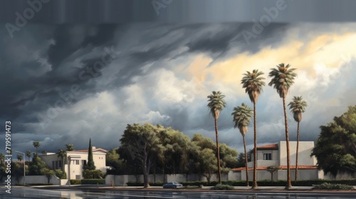 Color photograph of expensive california mission style houses along a broad street, palm trees and stormy sky. From the series 
