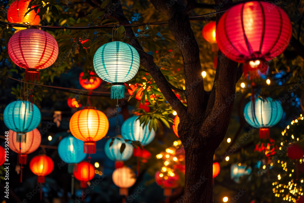Japanese lantern festival with colorful lanterns hanging from tree. Japanese lantern festival with colorful lanterns hanging from tree.
