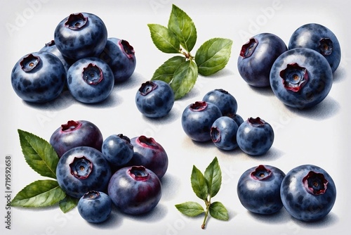 watercolor blueberries set on white background 