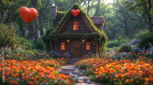 A whimsical fairy cottage nestled in a field of vibrant orange flowers. A red heart balloon hovers above, adding a touch of magic to the scene. Saint Valentine's Day Concept




 photo