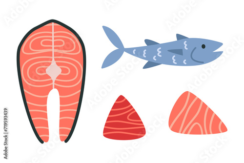 Salmon and tuna whole fish, raw steaks and fillet, red fish pieces, cartoon style. Trendy modern vector illustration isolated on white background, hand drawn, flat design