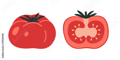 Red tomato, half and whole vegetable, cartoon style. Trendy modern vector illustration isolated on white background, hand drawn, flat design