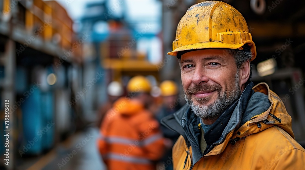 Portrait of handsome engineer in yellow robe on industrial site, smiling to camera. Corporate shoot Portrait of handsome engineer in yellow robe on industrial site, smiling to camera. Corporate shoot