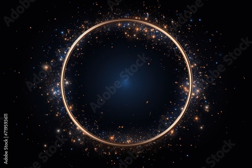 Indigo glitter circle of light shine sparkles and rose gold spark particles in circle frame 