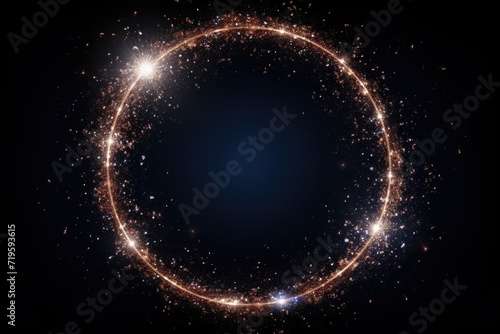 Indigo glitter circle of light shine sparkles and rose gold spark particles in circle frame 