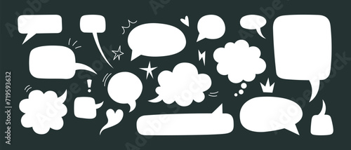 White speech bubble set, different shapes, cartoon style. Trendy modern vector illustration ion black background, hand drawn, flat design