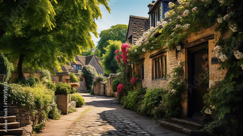 Beautiful idyllic old English village street with cottages made of stone and front gardens with flowers
