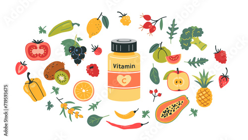 A jar of vitamin C in tablets or capsules and foods enriched with ascorbic acid. Fruits, berries and vegetables set. Natural antioxidant products. Isolated vector illustration, hand drawn, flat